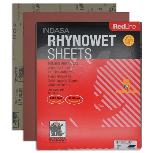 INDASA Rhynowet Red Line Wet Dry Sanding Sheets 9 x 11 Inch 2500 Grit Waterproof Latex Backing Abrasive Paper for Wood Metal Automotive Surface Prep Pack of 50 - size: 2500-Grit 9"x11" Silicon Carbide