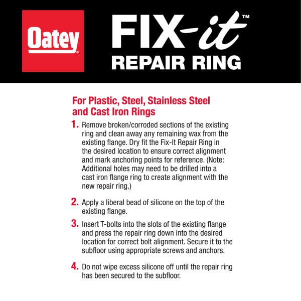 Oatey Fix-It Stainless Steel Flange Repair Ring, Adjustable Toilet Flange Repair Kit for Broken or Cracked Mounting Flanges, Secure Seal