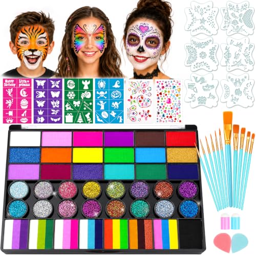 42-Color Face Paint Kit with Split Cake, Glitter & UV Face Paint
