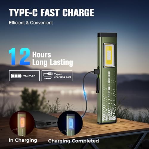 RECHOO Flat EDC Flashlight Rechargeable, 8-Mode Slim Pocket Flashlight with Magnetic Base & Clip, Lightweight Mini Rechargeable Flashlights for Everyday Carry, Working, Camping, Car Repair & Emergency - color: Green