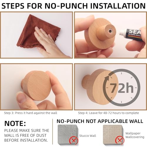 4 Pack Wood Wall Hooks Round Wooden Coat Hooks Adhesive Hooks Heavy Duty