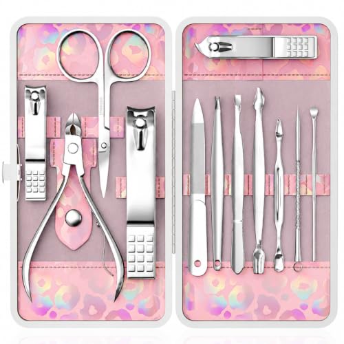 ZIZZON Nail Clippers Kit Manicure Pedicure Set with Holographic Case(Pink) - color: Pink