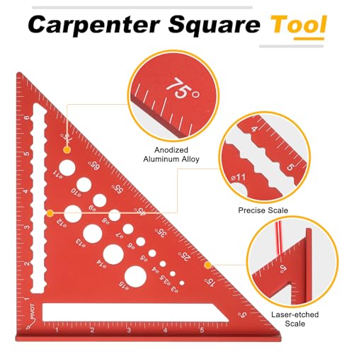 HARFINGTON Metal Square Ruler 7" Aluminum Alloy Carpenter Square Imperial Woodworking Rafter Square Precision Scribing Tools with Rafter Conversion Table for Measuring and Marking, Red - color: Red, style: Imperial