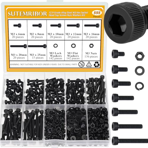 555 Pieces M3 Screws Nuts Washers Set Black, Sutemribor M3 x 6/8/10/12/16/20/25mm Hex Socket Head Cap Screws Nuts Washers Assortment Kit, 12.9 Grade Alloy Steel, Fully Threaded - size: M3 x 6-25mm, style: Socket Head