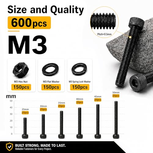 600PCS M3x25/30/35/40/45/50mm Hex Socket Head Cap Screws, Nuts & Washers Kit, Fully Threaded Long Bolts, 12.9 Grade Alloy Steel, Black Oxide, M3 Machine Screws for Furniture & Repairs - size: M3 600pcs