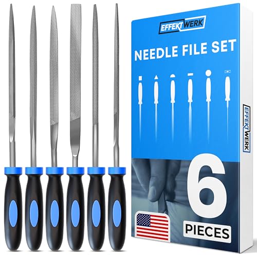 E•Werk - 6-pc Needle File Set for Wood, Metal, Plastic & Jewelry - Small Round, Half-Round, Square, Triangle, Flat & Flat Pointed Files - Handy Tools for Fine Finishing w/Ergonomic Handles