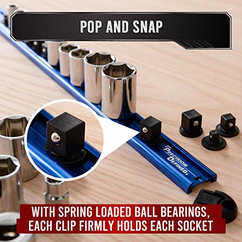 Precision Defined Aluminum Tool Socket Holder 3-Piece Set | Blue, 1/4-Inch x 16 Clips, 3/8-Inch x 16 Clips, 1/2-Inch x 14 Clips | 360 Rotation - Heavy Duty Socket Rails Organizer, Socket Storage - color: Blue