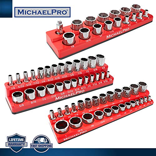 MichaelPro MP014003 3-Pc Magnetic Socket Organizer- 1/4-inch, 3/8-Inch & 1/2-Inch Drive Magnetic Socket Holder Kit in SAE, Professional Grade Socket Organizers for Toolboxes/Cabinets (SAE), Red - size: SAE