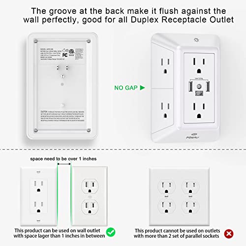 Multi Plug Wall Outlet Night Light, POWRUI 6 Outlet Extender & 3 USB Ports - color: White(6Outlets/Night Light), size: 2U1C