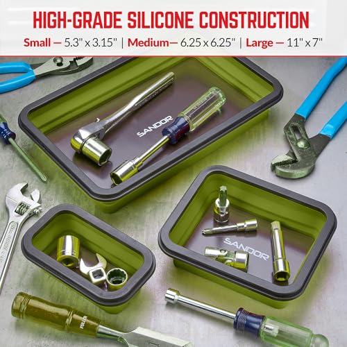 Collapsible Magnetic Parts Tray Set - 3 Different Sizes - Olive Green - color: Olive Green