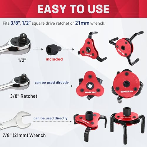 WORKPRO Universal Oil Filter Wrench Adjustable (2-3/4" to 5-1/8"), Oil Filter Removal Tool, Oil Filter Change Set, Ideal for Engine Filters, Conduit, & Fittings - color: Red