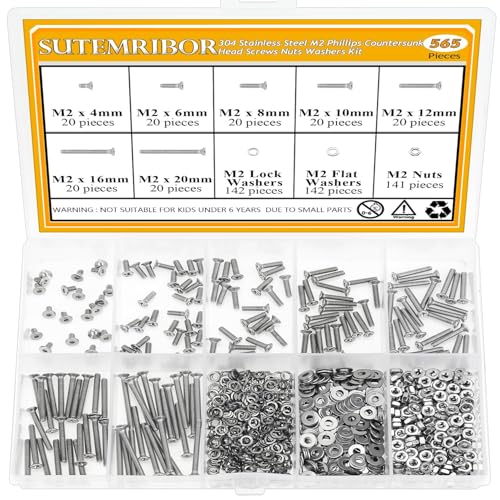 565 Pieces M2 Machine Screws Nuts Washers Set, Sutemribor M2 x 4/6/8/10/12/16/20mm Phillips Countersunk Head Machine Screws Nuts Washers Assortment Kit, 304 Stainless Steel, Fully Threaded - size: M2, style: Phillips Countersunk Head