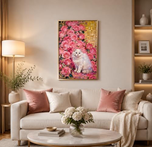 1000 Piece Puzzle for Adults, Elegant White Persian Cat with Pink Roses - color: Rose Gold Whiskers