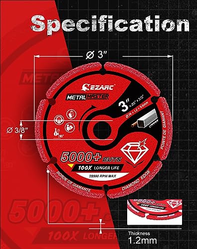 EZARC Diamond Cutting Wheel 3 x 3/8 Inch for Metal, Cut Off Wheel with 5000+ Cuts on Rebar, Steel, Iron and INOX - style: 3 x 3/8 Inch