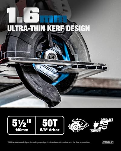 CRALY 5-1/2 Inch 50 Teeth Aluminum and Non-Ferrous Metal Cutting Circular Saw Blade, 5/8 Inch Arbor, Carbide Tipped, Thin Kerf, Black Ice™, for Thin Aluminum, Plastic, Composite(C05550AL-C) - size: 5-1/2", 5/8" arbor, 50T