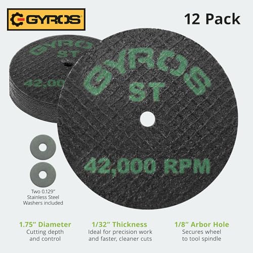 GYROS 1.75” Mini Resin Cut-Off Wheels for Rotary Tools, 12 Double Fiberglass Reinforced Cutting Discs, ST Materials Like Titanium, Carbon; Dremel Cutting Tool Accessory. Made in USA 11-41702/12 - size: 1.75 inches (12 pcs)