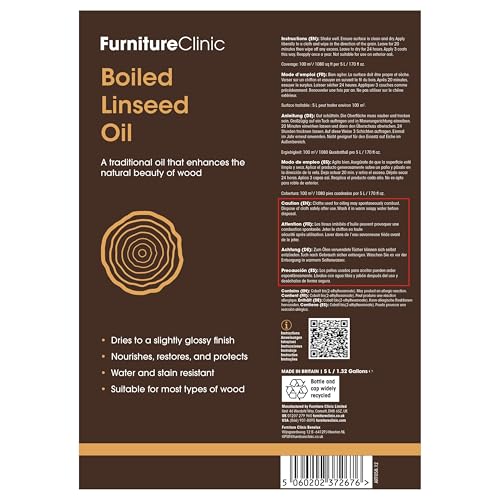 Furniture Clinic Boiled Linseed Oil for Wood 5L / 169 Fl Oz - Premium Oil to Enhance, Seal & Protect the Natural Beauty of Oak, Pine & Other Wood with a Glossy Finish - size: 169 fl oz