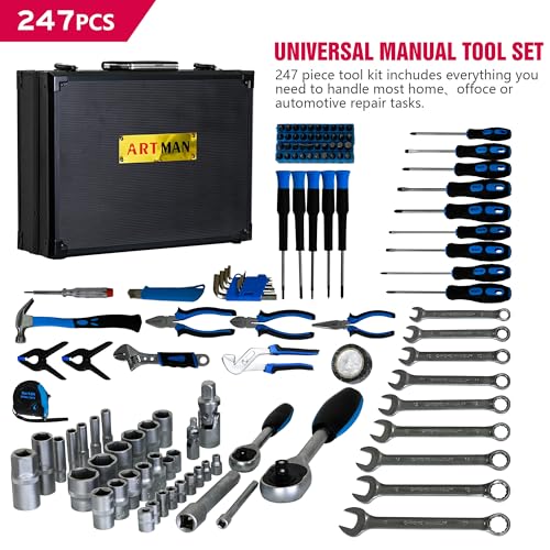 247PCS Tool Set, Home Maintenance Tool Kit with Portable Aluminum Tool Box, Complete General Mechanic Tool Set Hand Tool Set, All Purpose Repair Tool Set for Home Auto Garage DIY - color: 247pcs - Black