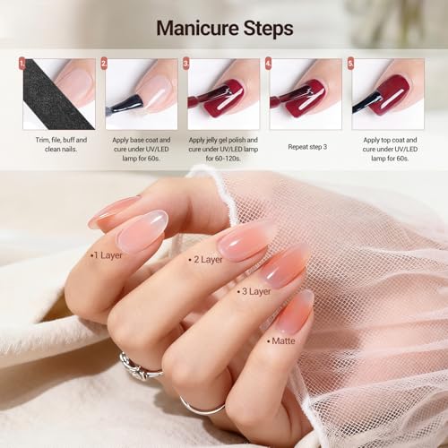 JODSONE Jelly Gel Nail Polish Set, 32 Colors Sheer Pink Gel Polish Set with Base & Top Matte Glitter Coat for Nail Art DIY Salon at Home - color: B30