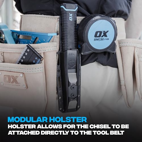 OX Pro 1" Replaceable Tip Wood Chisel with Sheath - Full Tang, Extra Tips | Holster Mounts to Tool Belt & Molle Systems, Reinforced Striking Cap Resists Bending, Slim Ergonomic Grip, Precise Control