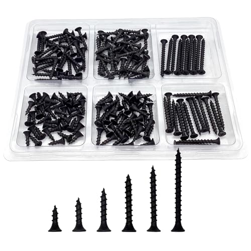 175PCS #8 Drywall Screws, Assorted Wood Screws, Black Wood Screws, Wood Screws Assortment Kit, Flat Head Screws, Screw Assortment, 6 Sizes, (2'', 1-1/2'', 1-1/4'', 1'', 3/4'', 5/8'') - size: #8 175PCS