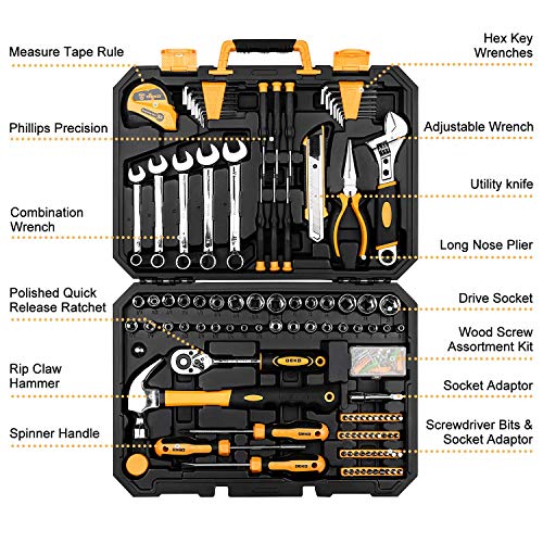 DEKOPRO 158 Piece Tool Set-General Household Hand Tool Kit,Auto Repair Tool Set, with Plastic Toolbox Storage Case - color: Yellow