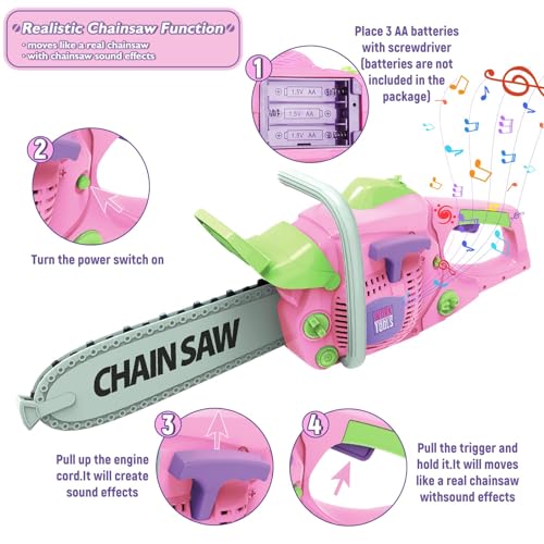 Kids Construction Tool Set for 3 4 5 6 7 Year Old Boys Girl,Pink Preschool Pretend Play Tool,Pretend Play Tools Set Toddler Toys,with Electric Drill Chainsaw、Electric Drill,Toy Tools Gifts for Kids