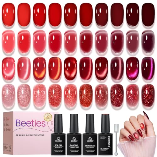 Beetles Red Gel Nail Polish Set, Jelly Glitter Cat Eye Solid Color | 20 Colors Shimmer Magnetic Nail Gel Kit with Base Coat Top Coat Matte Top Coat, LED UV Light Cure Soak Off Nail Art Manicure - color: A-Mixed Finishes | Burgundy Dream