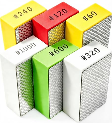 6 Pcs Diamond Hand Polishing Pads, 60/120/240/320/600/1000 Grit Wet Dry Diamond Sanding Blocks with Sponge Backing, Anti-Clogging Grid,Reusable for Sands Glass Wood Ceramic Marble Metal Tile Tools