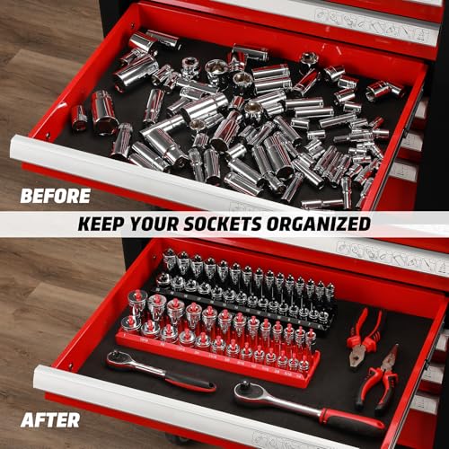 3/8-Inch Drive Socket Organizer Trays, 2-Piece SAE and Metric Socket Tray Set, Deep and Standard Socket Holders Organizers for Toolbox, Black & Red - size: 3/8-Inch Drive SAE and METRIC