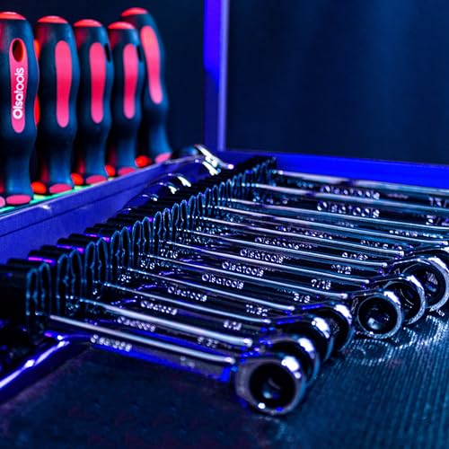 Olsa Tools Wall Mount Wrench Organizer - Rotating Clip Rack for 14 Wrenches - Blue Anodized Aluminum with Black Clips - Space Saving Tool Holder - Professional Grade Storage Solution - Part: 1029 - style: Blue Aluminum + Black Clips