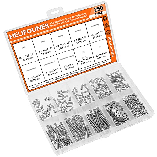 HELIFOUNER 250 Pieces #2-56 x 3/16" 1/4" 5/16" 3/8" 1/2" 5/8" 3/4" 1", Button Head Socket Cap Screws Bolts Washers Nuts Kit, Coarse Thread, Fully Machine Threaded, 304 Stainless Steel - size: #2-56, style: Button Head