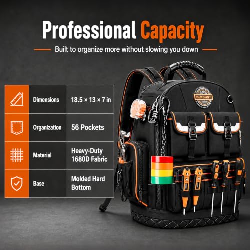 LOKASS Tool Backpack Heavy Duty, 18.5 in, 56 Pockets, Molded Bottom, Black - color: Black