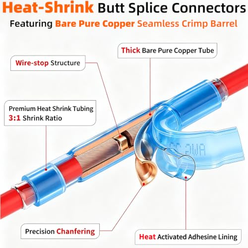 100pcs16-14 Gauge Heat Shrink Butt Connectors 16-14 AWG Heat Shrink Butt Splice Marine Grade Insulated Waterproof Electrical Crimp Wire Connectors,Pure Copper Butt Splice for 16-14 Gauge Wire - size: 16-14 AWG