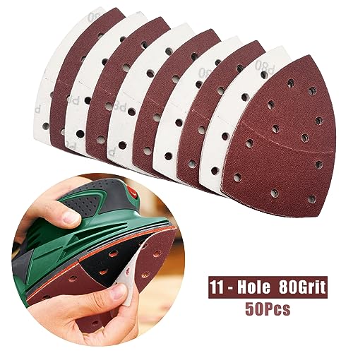 50 PCS Mouse Detail Sander Sandpaper, 80 Grit Palm Sander Sandpaper 11 Holes Hook and Loop Sander Pads Triangular Sanding Sheets Abrasive Sanding Paper for Mouse Sander - size: 80 Grit