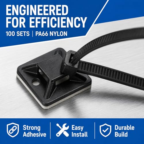 100PCS 3/4" Self Adhesive Black Cable Zip Tie Mounts