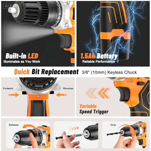 12V Cordless Electric Drill Driver Set, Powerful Lightweight Portable Rechargeable Screwdriver 42pcs Accessories,2-Speed, 24+1 Position for Wood/Wall Drilling & Screw Driving, Home DIY Tool woman man - style: 12V - 2 Batteries - Orange - Basic