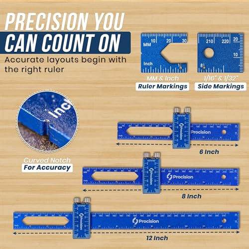 ELEON Precision Woodworking Ruler, Set of 3 (12, 8, 6 Inch) - Precise Woodworking Pocket Tool with Extra Wide 2" Sliding Attachment - Slide T-Square Scribing Kit Plus Mechanical Pencil - Aluminium