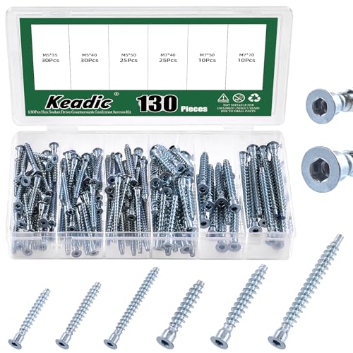 Keadic 130Pcs Confirmat Screws, Hex Socket Drive Countersunk Self-Tapping, Blue & White Zinc Plated Furniture Contecting Screw for Industrial and Scientific, M5 x 35mm/40mm/50mm, M7 x 40mm/50mm/70mm - color: Blue & White Zinc, size: NO.2
