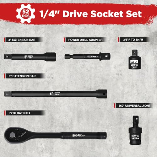 1/4" Socket Ratchet Wrench Set 52PCS, Metric Shallow and Deep Socket (4-14mm), SAE Shallow and Deep Socket (5/32-1/2 inch), with Ratchet Handle, Extension Bar, Adapter, Impact Universal Joint - color: 1/4-52pcs