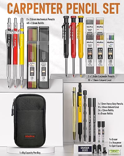 Nicpro 28 Pack Carpenter Pencil Set with Sharpener, Canvas Case - size: 28 Pack