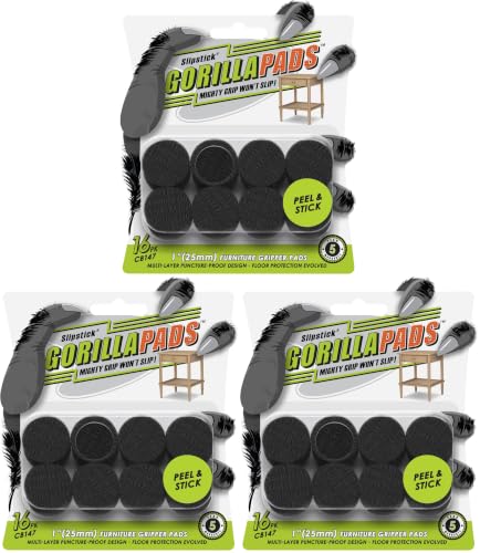 Slipstick GorillaPads CB147 Non Slip Furniture Pads/Gripper Feet (Set of 16) Self Adhesive Rubber Floor Protectors, 1 inch Round, Black (Pack of 3) - size: 1" Round (Pack of 3)