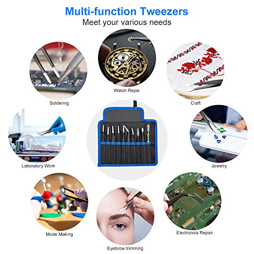 10 Piece Precision Tweezers Set, ESD Stainless Steel for Electronics Repair