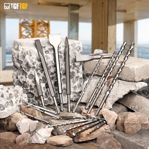 TGFTGF 17-Piece SDS Plus Rotary Hammer Drill Bits and Chisel Set, YG8C Carbide Tips, SDS Plus Bits, Masonry Drill Bit Set for Concrete, Brick and Stone, with Storage Case, Ideal Tool for DIY, Home - size: 17PCS