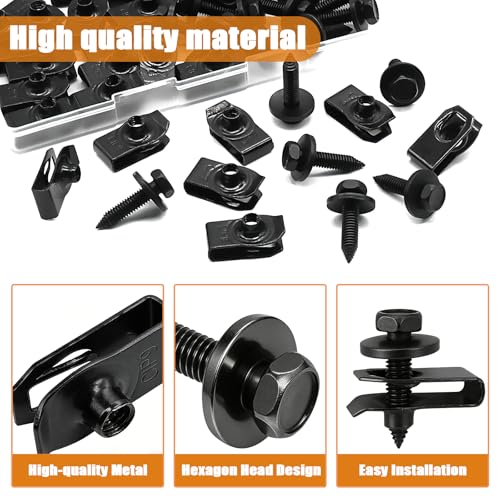 mankk 50PCS 1/4 U-Nut Clips and Fender Bolts Kit Automotive Body Fasteners - color: Black-1/4 Kit