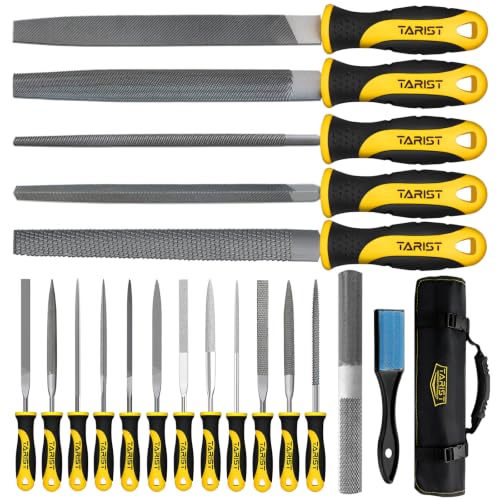 TARIST 19PCS Metal & Rasp File Set with Tool Bag, Includes Flat/Half-Round/Round/Triangle steel file, Half-Round wood file, 4 Way File and 12pcs Needle Files, Work for Metal, Wood and more - style: File Set - 19 pcs