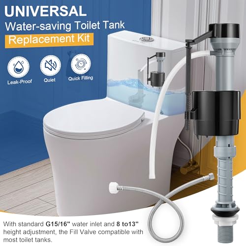 Universal Toilet Fill Valve Replacement Kit, Toilet Repair Kit Inside Tank and 12 Inch Flexible Connector, Flusher Replacement Kit Adjustable & Water saving, Quiet & Easy Install Tank Water Control