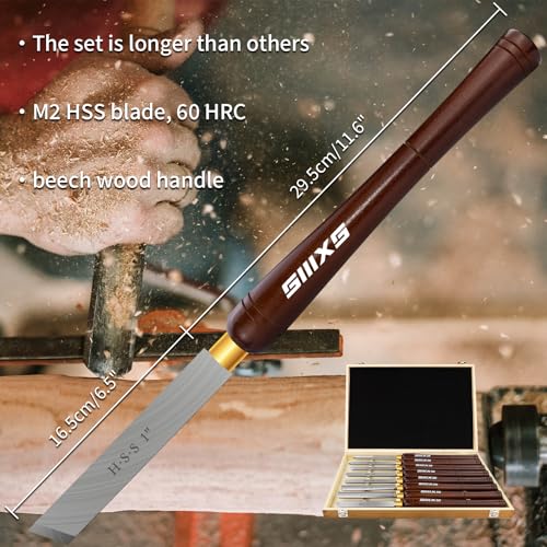 8pcs M2 HSS Wood Lathe Chisel Set with Long handle and Wooden Box