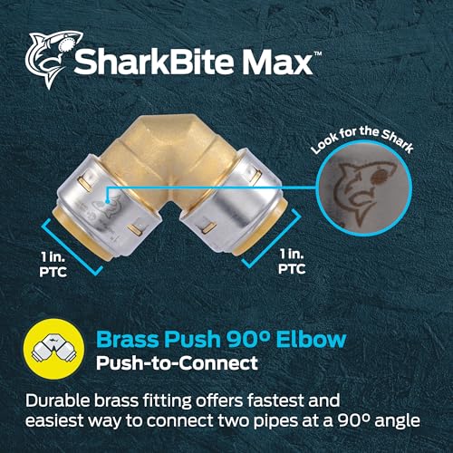 SharkBite Max 1 x 1 in PTC 90-Degree Elbow, Push-to-Connect Brass Plumbing Fitting, UR260A - size: 1 in.