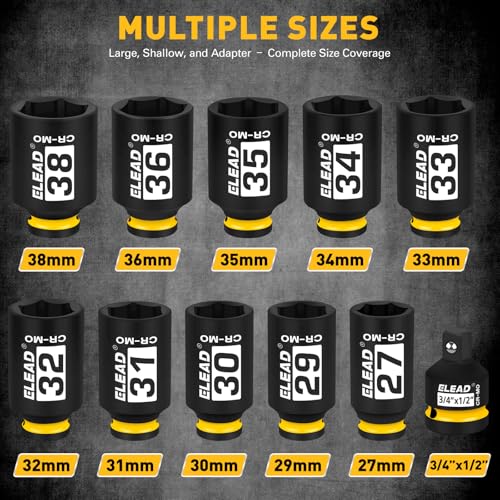 1/2'' Drive Deep Impact Socket Set: 11-Piece Metric Wheel Axle Nut Wrench Large Jumbo 27mm 29mm 30mm 31mm 32mm 33mm 34mm 35mm 36mm 38mm Car Spindle Joint High Torque Truck Bearing Locknut - style: Metric 6-Point